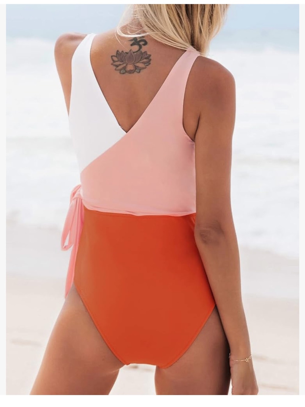 Cupshe Colorblock Tie-Waist One-Piece Swimsuit - Pink, White & Orange small - Picture 2 of 2